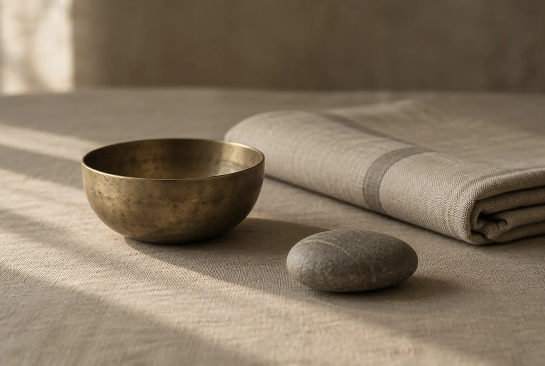 A brass bowl, folded linen and a river stone on a linen surface in daylight.